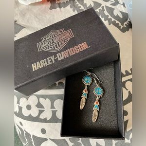 Harley Davidson Turquoise Feather Earrings with Box